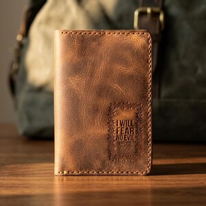 I Will Fear No Evil Leather Passport Holder — Christian Gift, Full-Grain Cowhide, Jordan Brown image 1