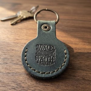 Walk by Faith Leather AirTag Keychain — Christian Gift, Full-Grain Cowhide, Eden Green