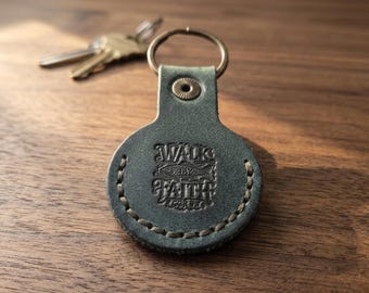 Walk by Faith Leather AirTag Keychain — Christian Gift, Full-Grain Cowhide, Eden Green