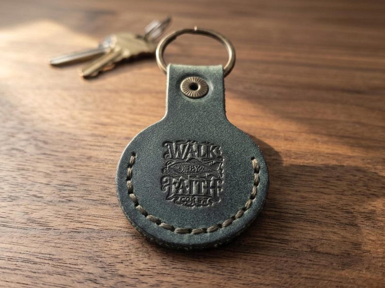 Walk by Faith Leather AirTag Keychain — Christian Gift, Full-Grain Cowhide, Eden Green image 1