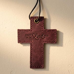 Trust in the Lord Leather Wall Cross — Christian Gift, Full-Grain Cowhide, Pentecost Red