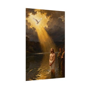 Póster del Bautismo de Jesús / Paloma descendiendo al Jordán, Mateo 3:16. Arte mural cristiano, lámina de regalo para bautizo. imagen 8