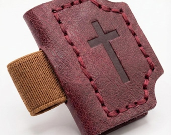Handstitched Burgundy Leather Page Marker with Pen Holder, Magnetic Bookmark