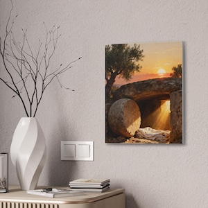 He Is Risen Canvas Wall Art | Empty Tomb at Sunrise, Easter Christian Decor, Matthew 28:6 Resurrection Art, Faith Gift image 8