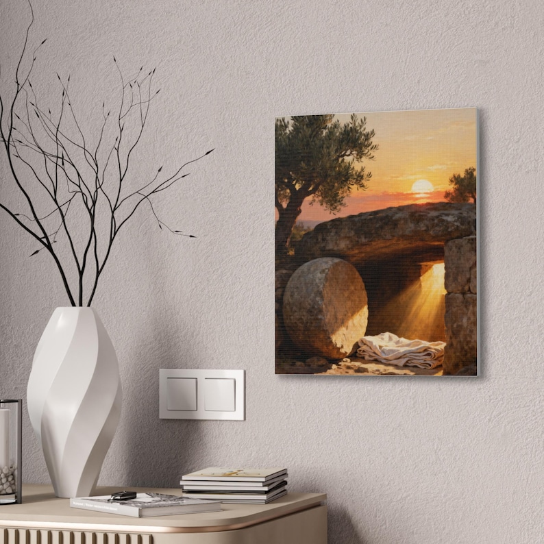 He Is Risen Canvas Wall Art | Empty Tomb at Sunrise, Easter Christian Decor, Matthew 28:6 Resurrection Art, Faith Gift image 8