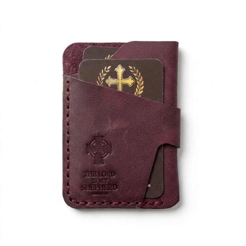 The Lord Is My Shepherd Leather Vertical Card Holder — Christian Gift, Full-Grain Cowhide, Pentecost Red imagen 4