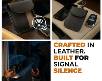 May include: A dark gray leather signal-blocking pouch with a metal clip, featuring a flap closure and a textured panel. The text reads: CRAFTED IN LEATHER. BUILT FOR SIGNAL SILENCE. THE FARADAY BAG.