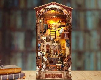 Magical Library Book Nook Kit, DIY Wooden Bookshelf Insert with LED Light, Wizard Library Miniature Craft Kit for Adults, Book Lover Gift