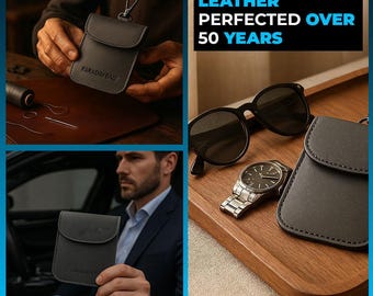 May include: A dark gray leather pouch with a flap closure and a metal clip, embossed with the text FARADAYBAG. The pouch is shown in various settings alongside sunglasses and a metal wristwatch, with text stating TOP GRAIN LEATHER PERFECTED OVER 50 YEARS.