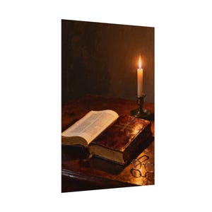 Open Bible Poster | Candlelit Scripture Still Life, Psalm 119:105 Lamp Unto My Feet Wall Art, Bible Study Gift Print image 3