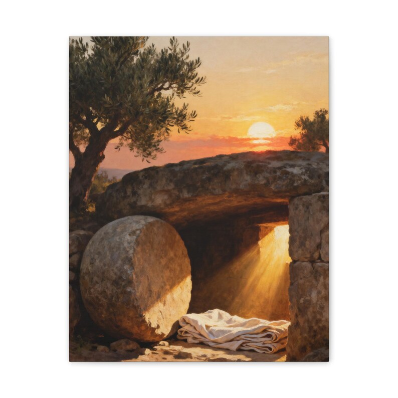 He Is Risen Canvas Wall Art | Empty Tomb at Sunrise, Easter Christian Decor, Matthew 28:6 Resurrection Art, Faith Gift image 5