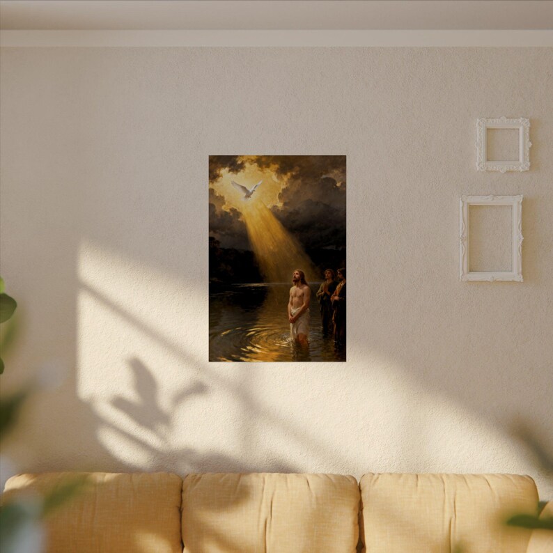Póster del Bautismo de Jesús / Paloma descendiendo al Jordán, Mateo 3:16. Arte mural cristiano, lámina de regalo para bautizo. imagen 14