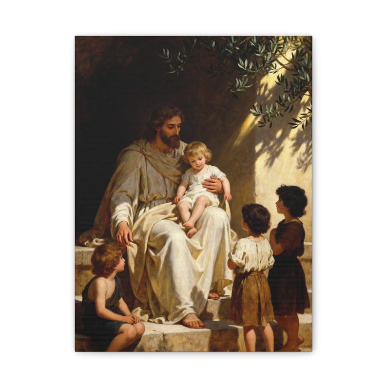 Cuadro decorativo «Dejen venir a los niños» / Jesús con los niños, Marcos 10:14. Decoración cristiana para guardería, regalo de bautismo. imagen 1