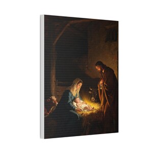 Nativity Canvas Wall Art | Holy Family Manger Scene, Christmas Christian Decor, Luke 2:7 Nativity Painting, Faith Gift image 2
