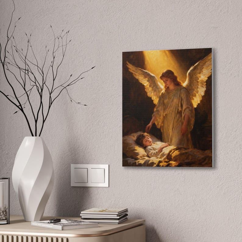 Guardian Angel Canvas Wall Art | Sleeping Child Nursery Decor, Psalm 91:11 Christian Baby Gift, Baptism Keepsake Art afbeelding 8
