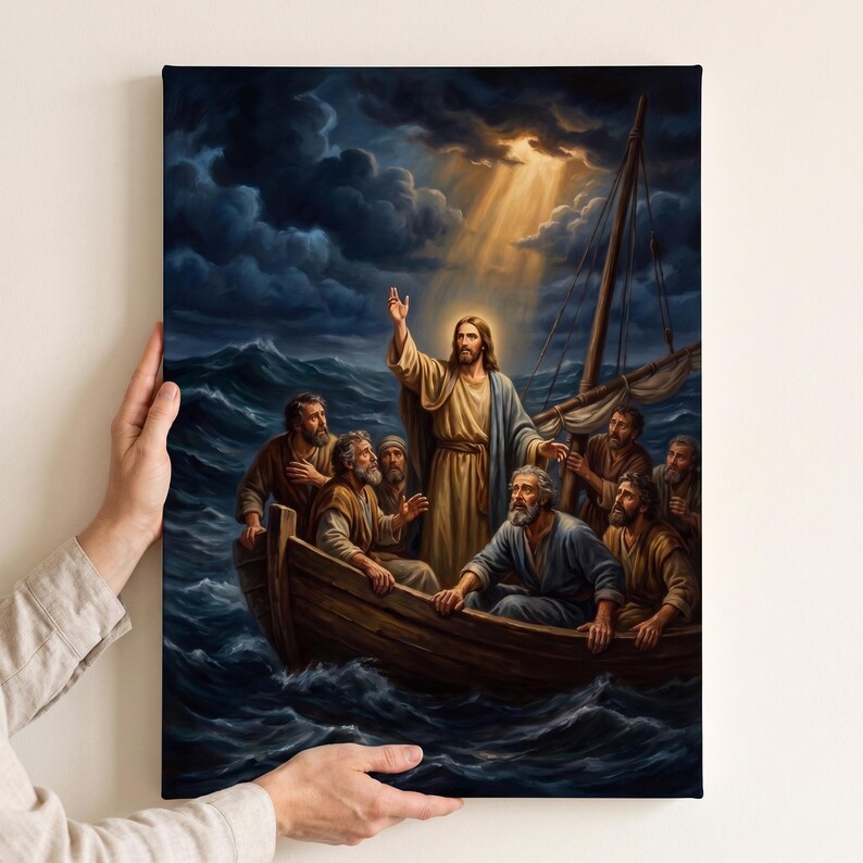 Peace Be Still Canvas Wall Art | Jesus Calming the Storm, Christian Home Decor, Mark 4:39 Bible Art, Faith Gift, Prayer Room image 6