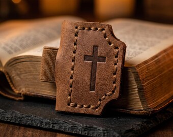 Leather Page Marker, Brown Magnetic Bookmark with Pen Holder, Handstitched Cross Christian Reader Gift