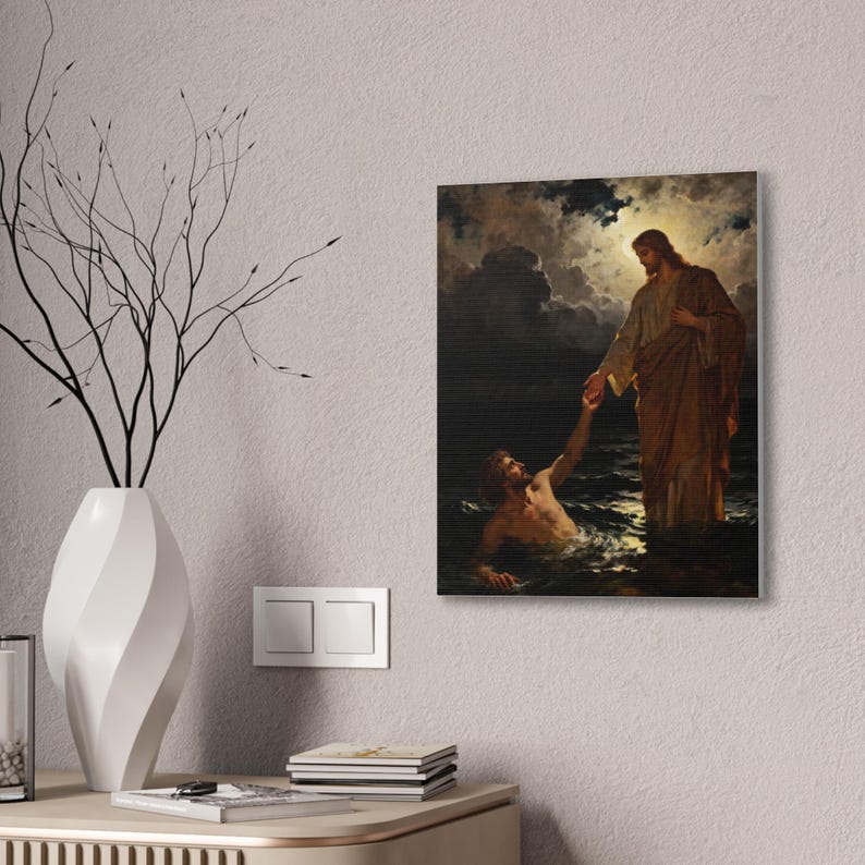 Walking on Water Canvas Wall Art | Jesus and Peter, Christian Wall Decor, Matthew 14:29 Faith Over Fear Art, Faith Gift image 8