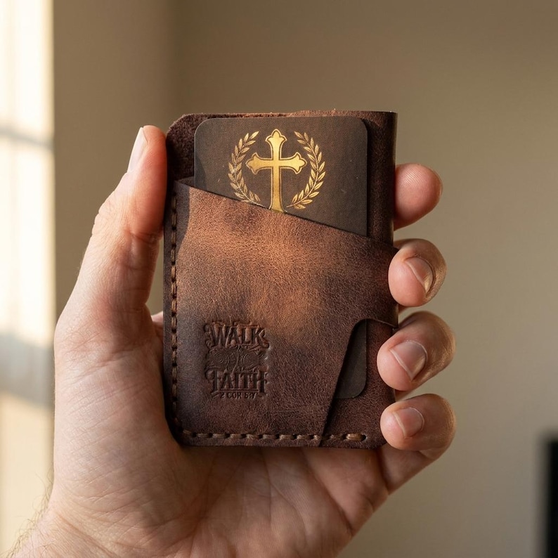 Walk by Faith Leather Vertical Card Holder — Christian Gift, Full-Grain Cowhide, Jordan Brown image 2