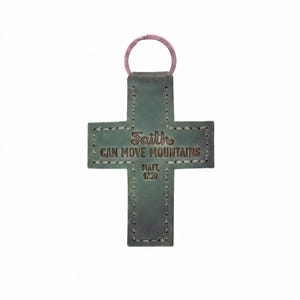 Faith Can Move Mountains Leather Cross Keychain — Christian Gift, Full-Grain Cowhide, Eden Green image 3