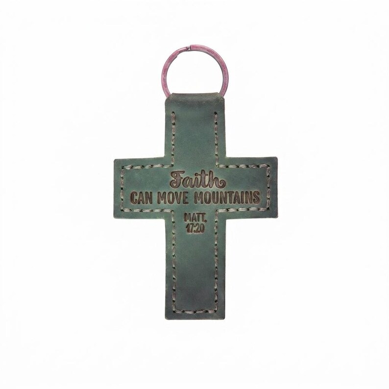 Faith Can Move Mountains Leather Cross Keychain — Christian Gift, Full-Grain Cowhide, Eden Green image 3