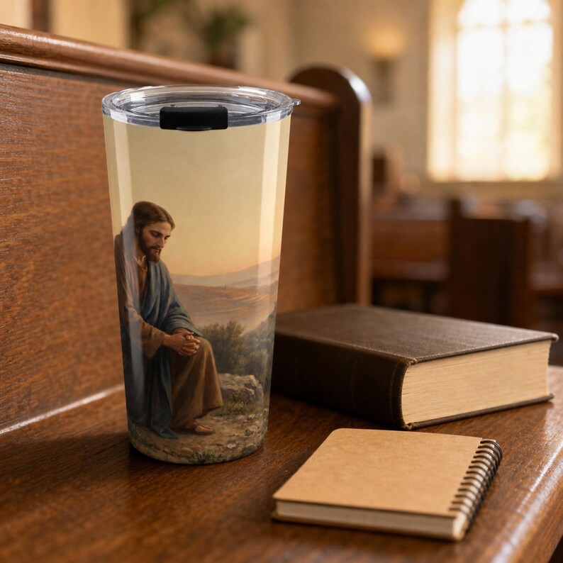 Jesus Praying 20 oz Stainless Steel Tumbler: Christian Wraparound Art image 1