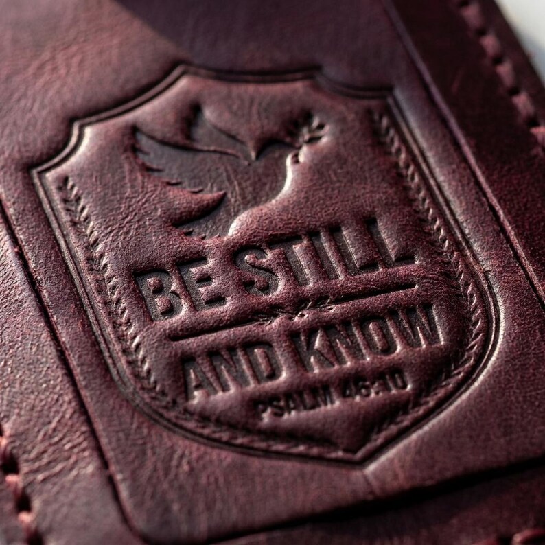 Be Still and Know Leather Luggage Tag — Christian Gift, Full-Grain Cowhide, Pentecost Red image 3