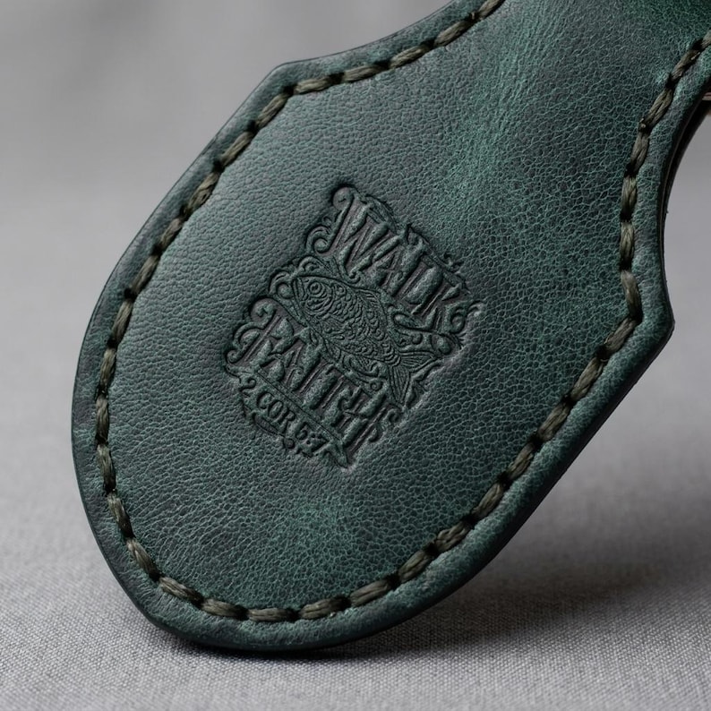 Walk by Faith Leather Stitched Keychain — Christian Gift, Full-Grain Cowhide, Eden Green image 6
