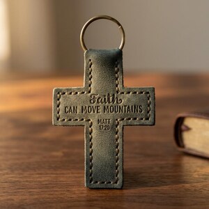 Faith Can Move Mountains Leather Cross Keychain — Christian Gift, Full-Grain Cowhide, Eden Green