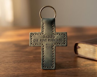 Faith Can Move Mountains Leather Cross Keychain — Christian Gift, Full-Grain Cowhide, Eden Green