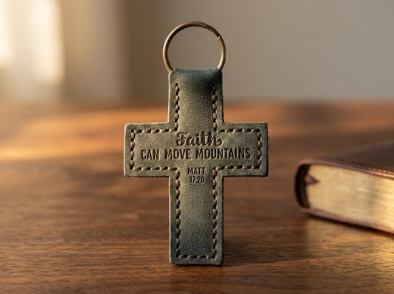 Faith Can Move Mountains Leather Cross Keychain — Christian Gift, Full-Grain Cowhide, Eden Green image 1