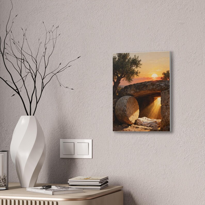 He Is Risen Canvas Wall Art | Empty Tomb at Sunrise, Easter Christian Decor, Matthew 28:6 Resurrection Art, Faith Gift image 4
