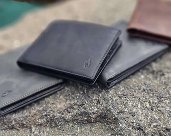 Handmade Full Grain Leather Bifold Wallet, Slim RFID Blocking, Black Men's Wallet