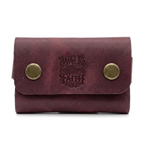 Walk by Faith Leather Snap Card Holder — Christian Gift, Full-Grain Cowhide, Pentecost Red image 2