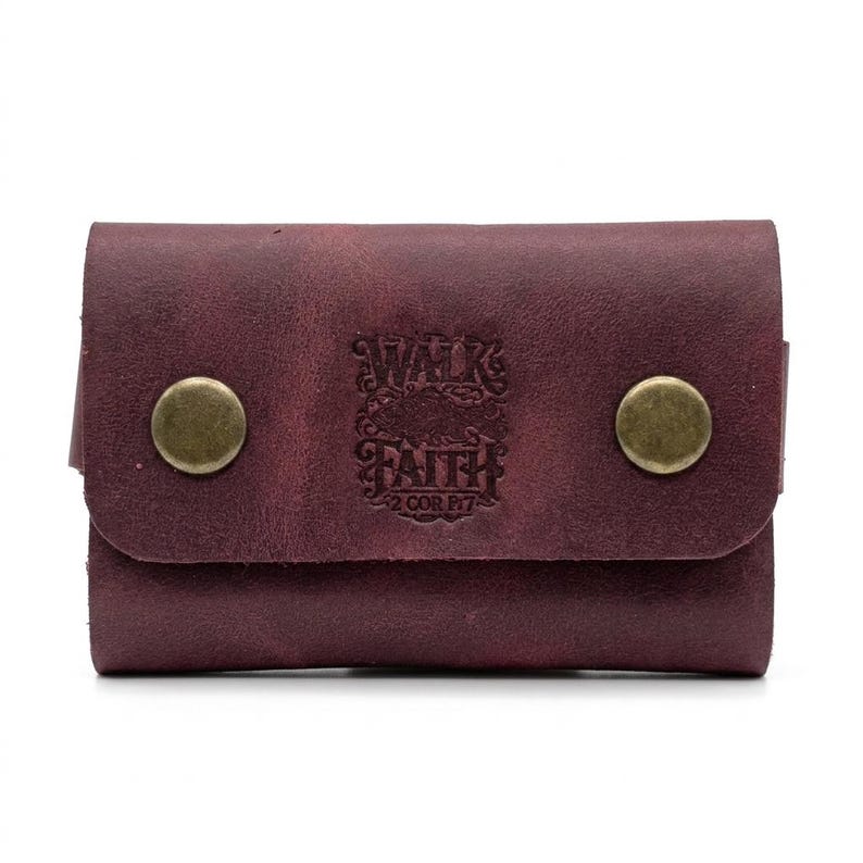 Walk by Faith Leather Snap Card Holder — Christian Gift, Full-Grain Cowhide, Pentecost Red image 2