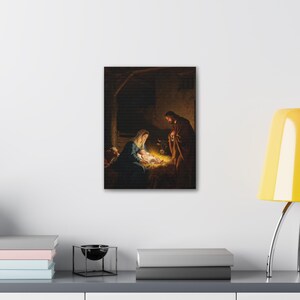 Nativity Canvas Wall Art | Holy Family Manger Scene, Christmas Christian Decor, Luke 2:7 Nativity Painting, Faith Gift image 3