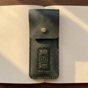 Full-Grain Leather Pen Sleeve – Psalm 23:4 Embossed, Eden Green Cowhide image 1