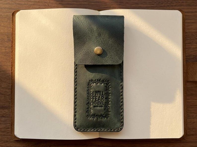Full-Grain Leather Pen Sleeve – Psalm 23:4 Embossed, Eden Green Cowhide image 1