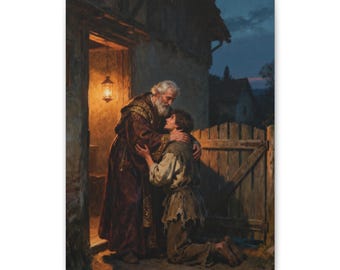 May include: An oil painting depicting an older man with a white beard wearing a dark red robe, embracing a younger person kneeling in worn, earth-toned clothing. A warm lantern glows from a doorway beside a wooden fence at twilight.