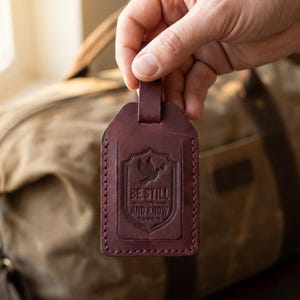 Be Still and Know Leather Luggage Tag — Christian Gift, Full-Grain Cowhide, Pentecost Red image 2