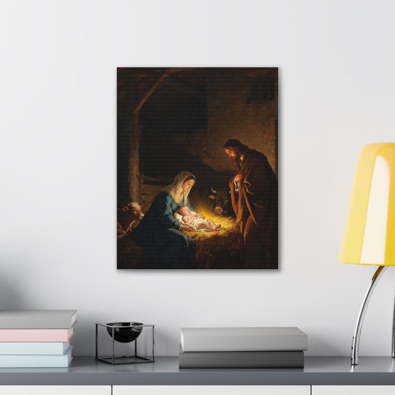 Nativity Canvas Wall Art | Holy Family Manger Scene, Christmas Christian Decor, Luke 2:7 Nativity Painting, Faith Gift image 7