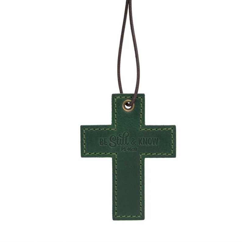 Be Still and Know Leather Wall Cross — Christian Gift, Full-Grain Cowhide, Eden Green imagen 3