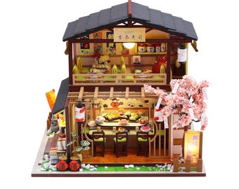 Gibbon Sushi Shop Miniature Kit, DIY Wooden Japanese Dollhouse with LED Light, Tiny Sushi Bar Craft Kit for Adults, Foodie Gift