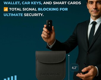 May include: A dark gray square Faraday bag with the text FARADAYBAG embossed on the front. The bag measures 4.2 inches in height and 3.4 inches in width. Text above reads: PROTECT YOUR AIRTAG, CRYPTO WALLET, CAR KEYS, AND SMART CARDS. TOTAL SIGNAL BLOCKING FOR ULTIMATE SECURITY.