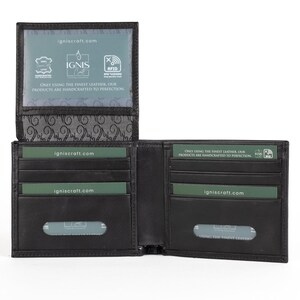 Cartera de cuero delgada para hombres - Billetera plegable con bloqueo RFID y ranura para identificación - Billetera personalizada de grano superior / Solstice 4 Obsidian