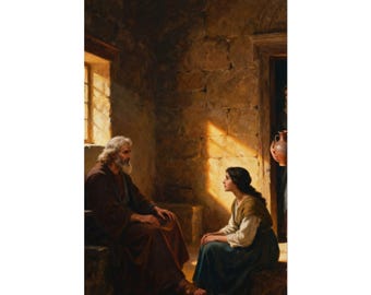 May include: An oil painting depicting a bearded person in a brown robe seated on a stone ledge, facing a person in a white blouse and dark skirt. Sunlight streams through a window onto a stone wall, while a figure holds a clay pitcher nearby.