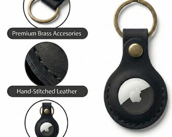 May include: A black leather keychain holder for an Apple AirTag featuring a circular design, hand-stitched edges, and a brass-toned metal ring secured by a matching brass snap button. The text reads Premium Brass Accesories, Hand-Stitched Leather, and Apple Airtag Compatible.