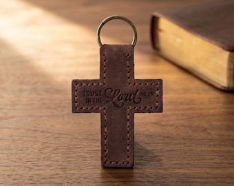 Trust in the Lord Leather Cross Keychain — Christian Gift, Full-Grain Cowhide, Jordan Brown