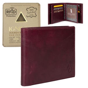 Cartera de cuero personalizada - Cartera plegable premium para hombre con bloqueo RFID / Cartera de cuero morada / Regalo para él / Aniversario, cumpleaños