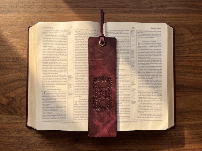 I Will Fear No Evil Leather Bookmark – Full-Grain Cowhide Bible Verse Tassel image 1